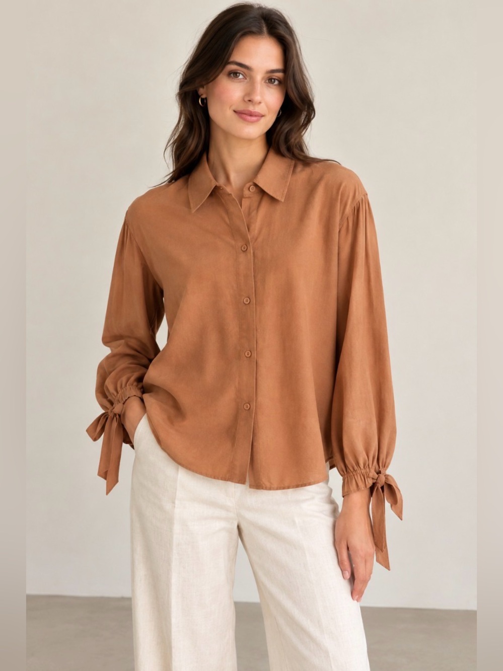 Vince 100% Silk Button-Down Blouse – Camel/Tan | Size M